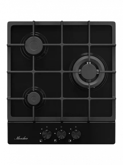 Газовая варочная панель Monsher, газ, High-Tech, 44 см, автоматический электроподжиг, газ-контроль, форсунки под сжиженый газ, SABAF конфорки, чугунные решетки, черный