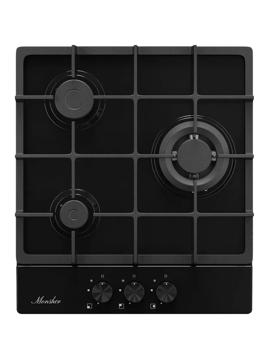 1 Газовая варочная панель Monsher, газ, High-Tech, 44 см, автоматический электроподжиг, газ-контроль, форсунки под сжиженый газ, SABAF конфорки, чугунные решетки, черный — изображение 1
