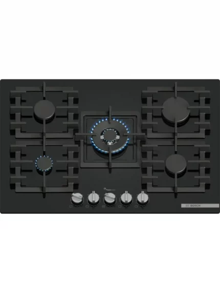 Газовая варочная панель Bosch PPQ7A6I45, 75 см, закаленное стекло, черная, 5 конфорок, 1 WOK-конфорка c 2 контурами пламени, 1 конфорка повышенной мощности, FlameSelect, индивидуальные чугунные решетки, газ-контроль, автоматический электроподжиг, сделано в Испании