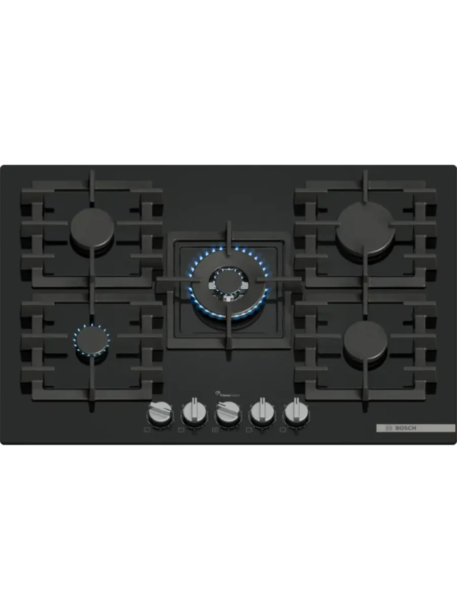 1 Газовая варочная панель Bosch PPQ7A6I45, 75 см, закаленное стекло, черная, 5 конфорок, 1 WOK-конфорка c 2 контурами пламени, 1 конфорка повышенной мощности, FlameSelect, индивидуальные чугунные решетки, газ-контроль, автоматический электроподжиг, сделано в Испании — изображение 1