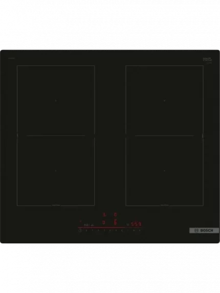 Индукционная варочная панель Bosch PVQ61RHB1E Serie 4, cтеклокерамика, черная, ширина 60 см, 4 индукционных зоны нагрева, в т.ч. с возможностью объединения в 2 зоны CombiZone таймеры прямого и обратного отсчета, таймер отключения всех конфорок, индикация остаточного тепла, блокировка от детей