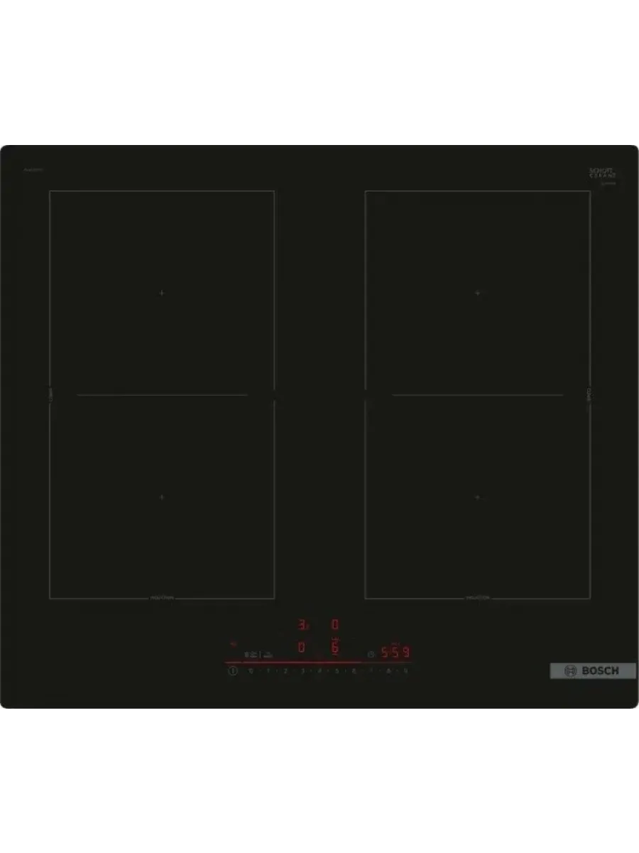 1 Индукционная варочная панель Bosch PVQ61RHB1E Serie 4, cтеклокерамика, черная, ширина 60 см, 4 индукционных зоны нагрева, в т.ч. с возможностью объединения в 2 зоны CombiZone таймеры прямого и обратного отсчета, таймер отключения всех конфорок, индикация остаточного тепла, блокировка от детей — изображение 1