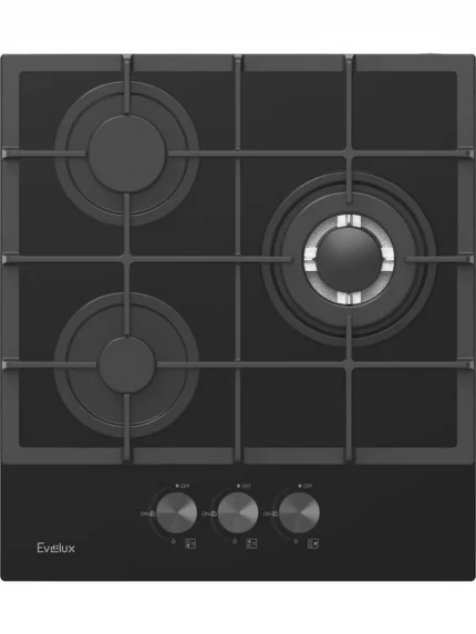 Газовая варочная панель Evelux HEG 425 BG Hi-Tech, 45 см, 3 конфорки, WOK-конфорка, чугунные решетки, газ-контроль, электроподжиг, механическое управление, черный