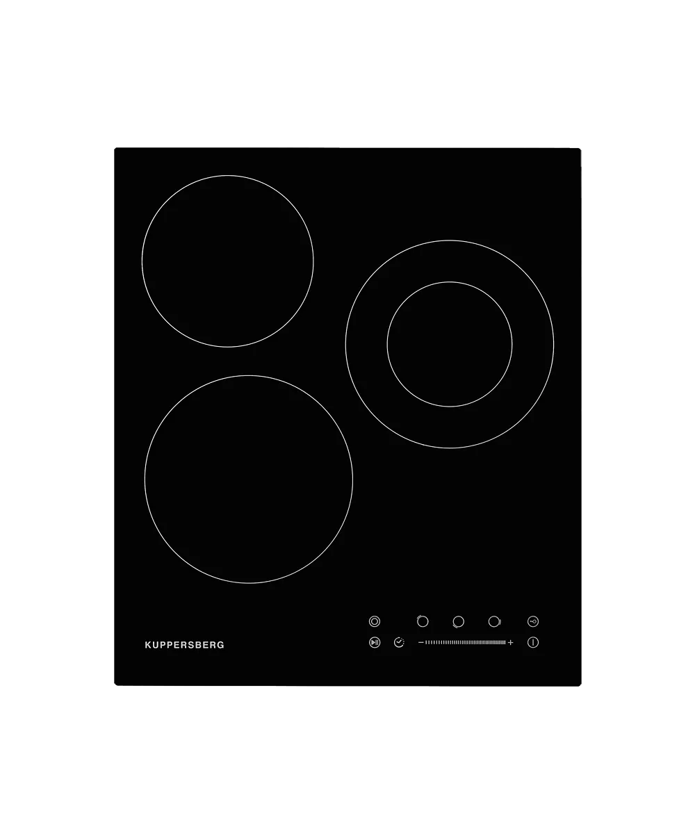 181101_lin_1406 Электрическая варочная панель Kuppersberg ECS 402/ширина 45 см, 3 зоны ускоренного нагрева HI-Light, 1 зона с двойным расширением, сенсорное управление+слайдер, 4 цифровых дисплея, 9 уровней мощности, автоотключение, защита от перелива, защита от детей, индикаторы остаточного тепла, таймер, Stop & Go, черный/прямой край — изображение 1