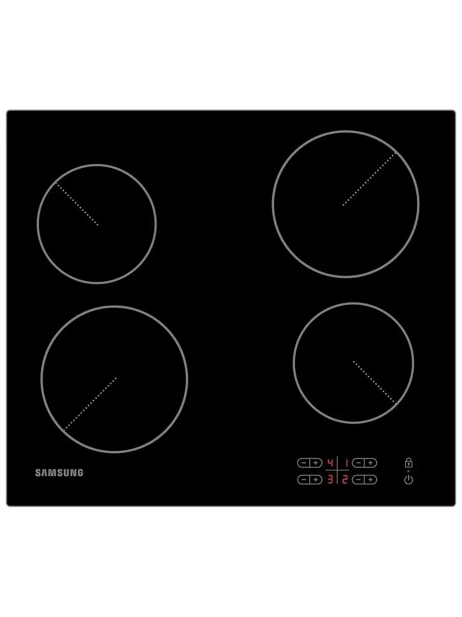 2 Встраиваемая электрическая панель Samsung NZ64T3506AK/WT 575x505x55 мм, стеклокерамика, 4 конфорки, скошенная рамка,сенсорное управление, светодиодный LED-дисплей, защита от детей, черный — изображение 1