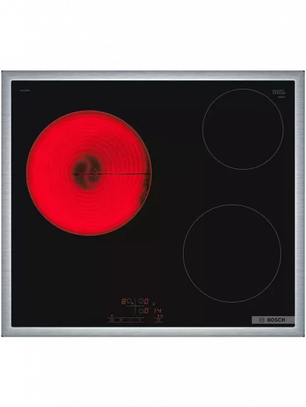 Электрическая варочная панель Bosch PKM645BB2E, стеклокерамическая поверхность, независимая, рамка-сталь, черный 4.8x58.3x51.3
