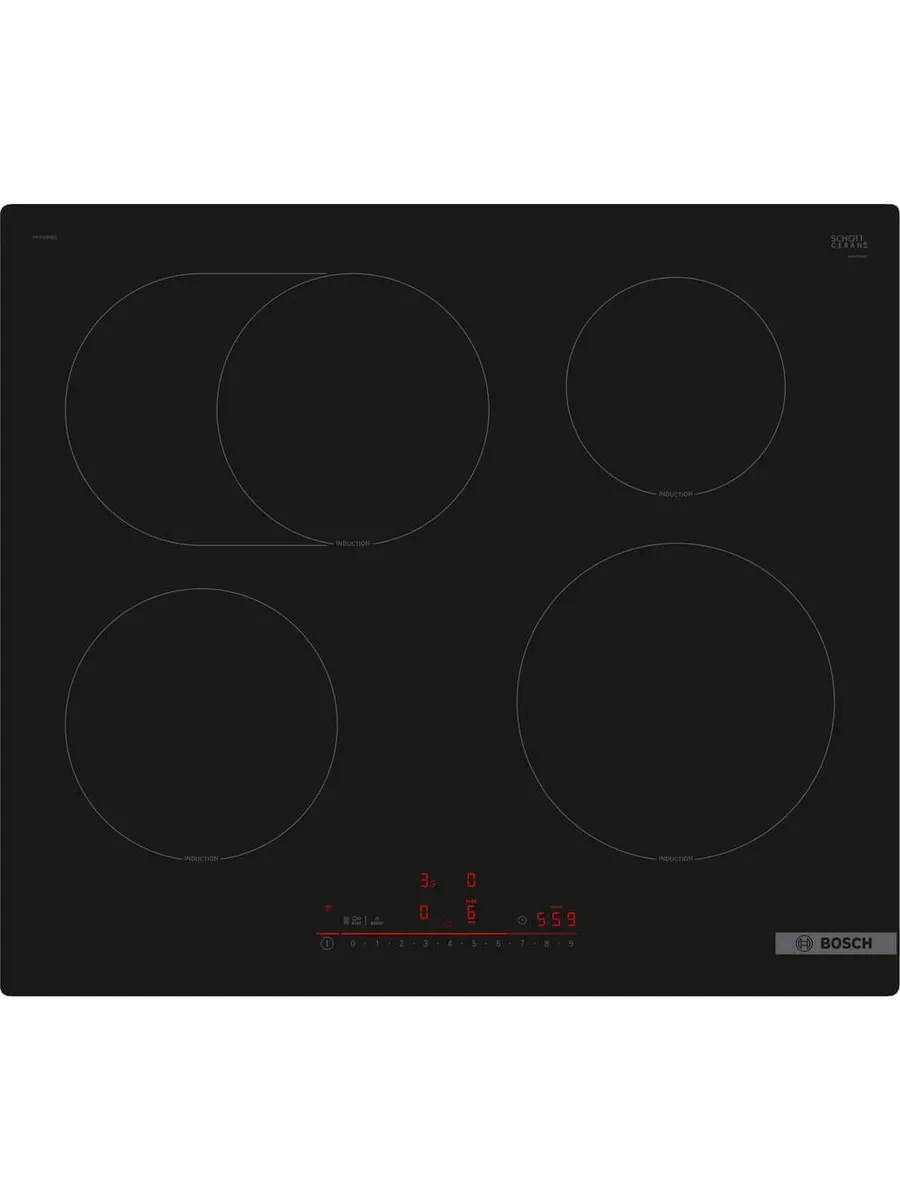 3 Индукционная варочная панель Bosch PIF61RHB1E 60 см, индукция, скошенные края, сенсорное управление, черный — изображение 1