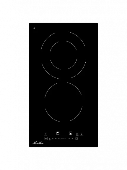 Варочная панель Monsher MHE 35 High-Tech, Hi-Light, 30 см, 2 конфорки, 9 уровней мощности, слайдерное управление, автоматическое отключение, индикация остаточного тепла, пауза, таймер,  черный