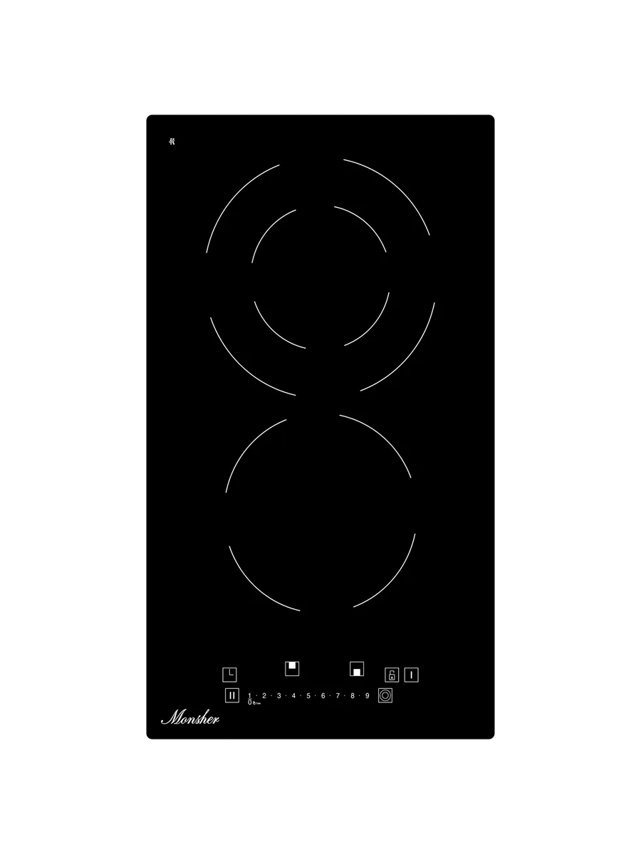 6 Варочная панель Monsher MHE 35 High-Tech, Hi-Light, 30 см, 2 конфорки, 9 уровней мощности, слайдерное управление, автоматическое отключение, индикация остаточного тепла, пауза, таймер, черный — изображение 1