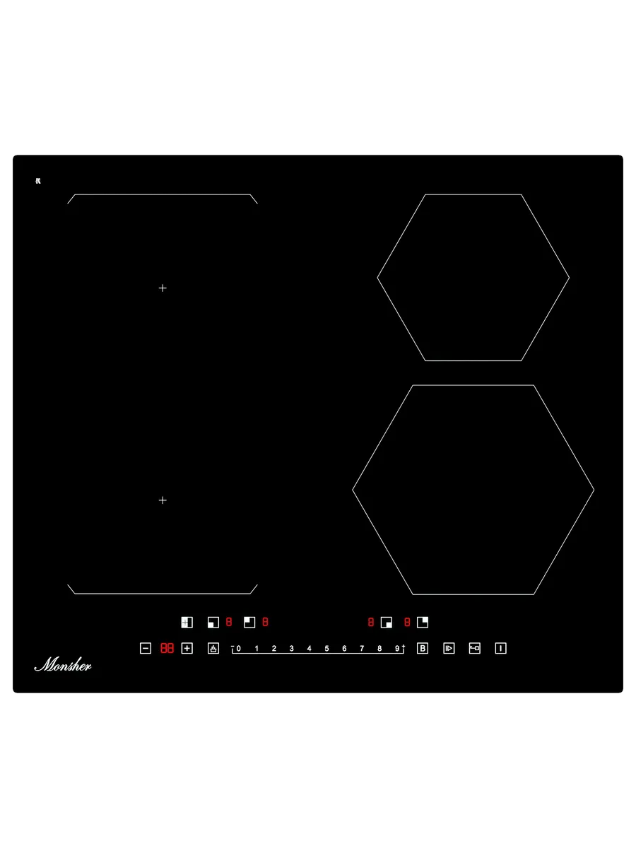 6 Встраиваемая индукционная варочная панель Monsher MHI 6112, стеклокерамика KANGER, ширина 60 см, 4 индукционные зоны нагрева: Передняя левая: 1,6 кВт/Booster 1,8 кВт, Передняя правая: 1,8 кВт/Booster 2 кВт, Задняя левая: 1,6 кВт/Booster 1,8 кВт, Задняя правая: 1,6 кВт, электронное сенсорное управление/слайдер, 5 цифровых дисплея, 9-ступенчатая настройка мощности, автоматическое отключение, таймер, защита от детей/блокировка панели управления, индикаторы остаточного теп — изображение 1
