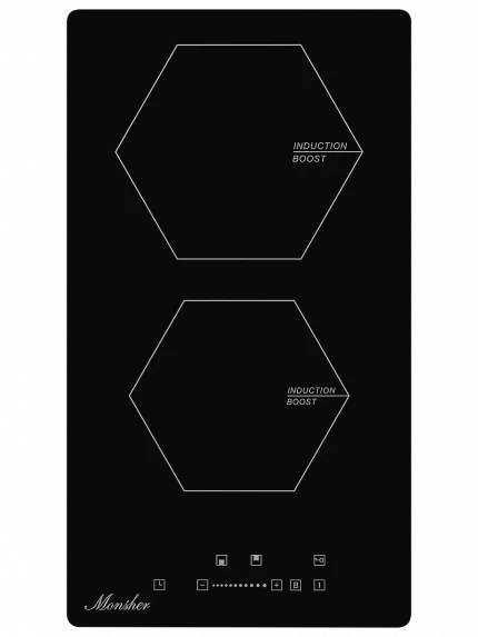 Индукционная варочная панель домино Monsher MHI 3002, Стеклокерамика KANGER, ширина 30 см, 2 индукционные зоны нагрева: 1 зона 1,2 кВт/Booster 1.5 кВт, 2 зона 2 кВт/Booster 2.3 кВт, электронное сенсорное управление, 3 цифровых дисплея, 9-ступенчатая настройка мощности, автоматическое отключение, дисплей, таймер, блокировка панели управления, индикаторы остаточного тепла, : черный