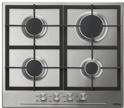 Встраиваемая газовая панель Korting HG 665 CX/60x51 см, электроподжиг, газ-контроль, чугунные решетки, металлические переключатели, нержавеющая сталь