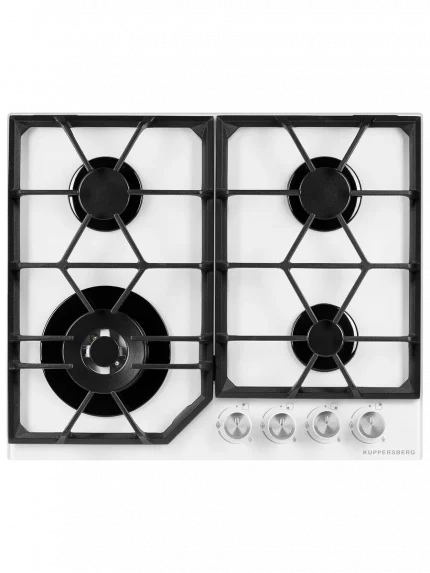 Газовая варочная панель Kuppersberg FG 62 W Газовая варочная панель, закаленное стекло, ширина 60 см, 4 газовые конфорки, WOK конфорка(3,8 кВт), автоподжиг, газ-контроль, чугунные решетки, белый