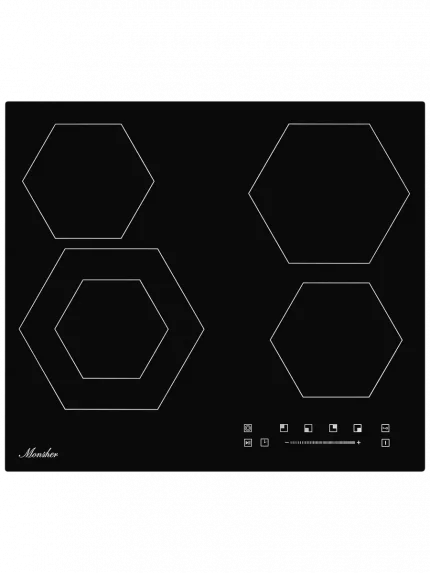 Встраиваемые электрические панели Monsher MHE 6012 Независимая стеклокерамическая варочная панель,Ширина 60 см, 4 зоны ускоренного нагрева,Электронное сенсорное управление,5 цифровых дисплеев, 9 уровней мощности, 1 двойная зона нагрева, таймер, индикаторы остаточного тепла
