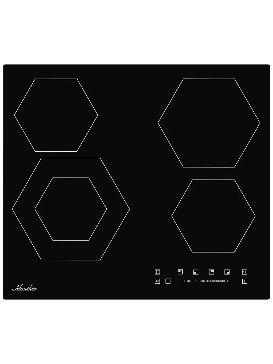 7 Встраиваемые электрические панели Monsher MHE 6012 Независимая стеклокерамическая варочная панель,Ширина 60 см, 4 зоны ускоренного нагрева,Электронное сенсорное управление,5 цифровых дисплеев, 9 уровней мощности, 1 двойная зона нагрева, таймер, индикаторы остаточного тепла — изображение 1