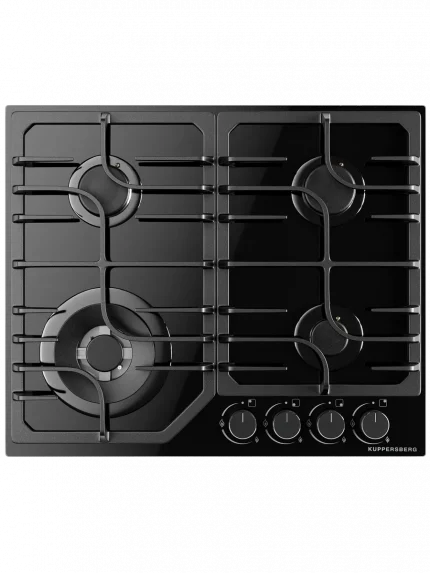 Встраиваемые газовые панели Kuppersberg FG 63 B Газовая варочная панель стекло, ширина 60 см, 4 газовые конфорки,комфорка повышенной мощности,автоподжиг, газ-контроль, чугунные решетки, цвет черный