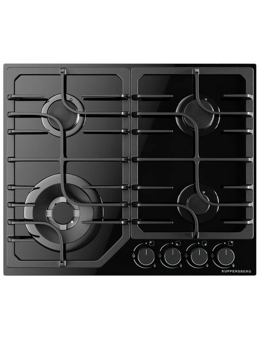 8 Встраиваемые газовые панели Kuppersberg FG 63 B Газовая варочная панель стекло, ширина 60 см, 4 газовые конфорки,комфорка повышенной мощности,автоподжиг, газ-контроль, чугунные решетки, цвет черный — изображение 1