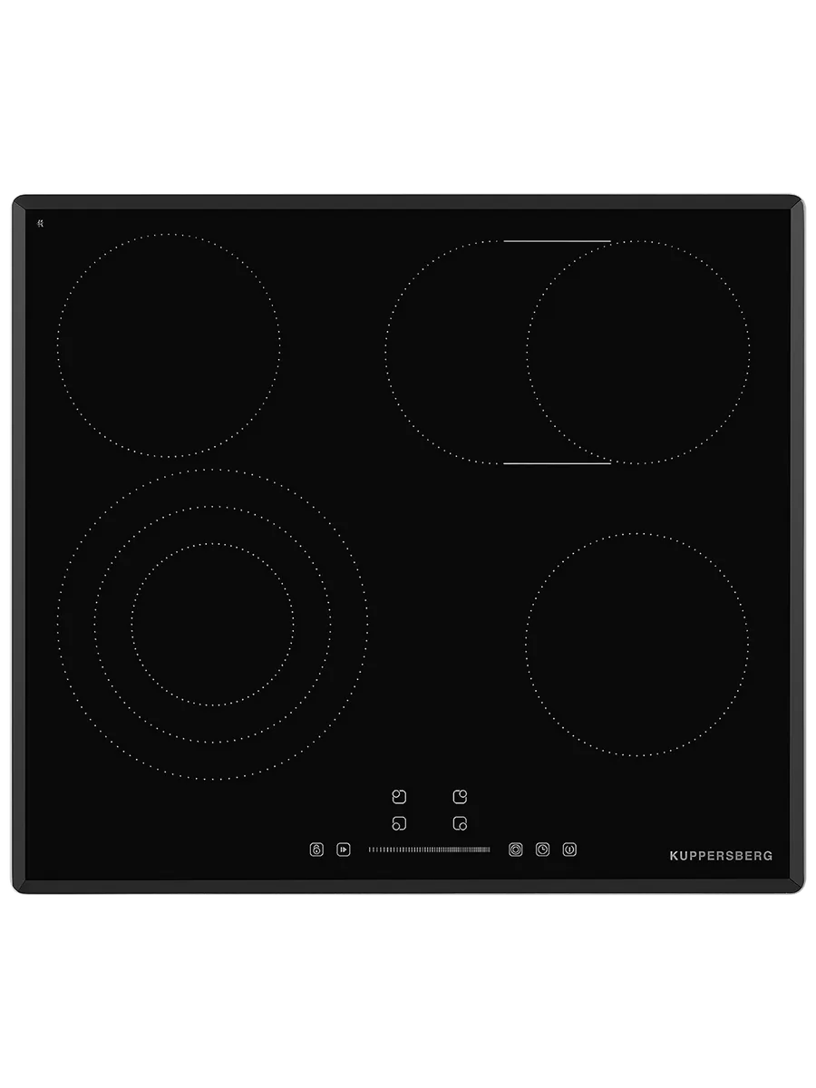 8 Встраиваемые электрические панели Kuppersberg ECS 639 F Электрическая независимая варочная панель, стеклокерамика KANGER, ширина 60 см, 4 зоны ускоренного нагрева HI-Light, управление электронное сенсорное/слайдер, 5 цифровых дисплев, 9 уровней мощности, автомаическое отключение, защита от детей/блокировка панели управления, индикаторы остаточного тепла, таймер, Stop & Go, черный — изображение 1