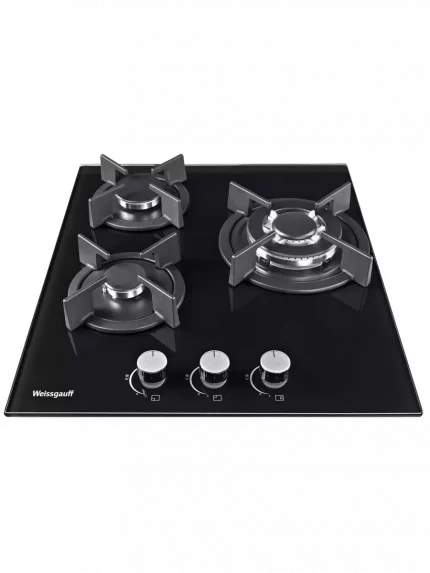 Газовая варочная панель Weissgauff HGG 451 BGh, 45x51 см, газовая, закаленное стекло, независимая, электроподжиг, газ-контроль, чугунные решетки, в комплекте - подставка WOK, черная