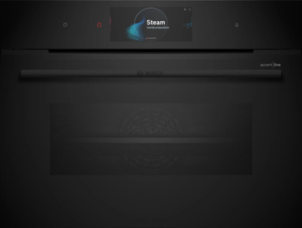 Компактный духовой шкаф-пароварка, черный, 14 режимов + комбинированные режимы, функция приготовление на пару 100%, 4-слойное остекление, 3 цветных текстовых TFT-дисплея 2,5" с сенсорным управлением, ControlRing, функции HomeConnect: удаленная диагностика, контроль и мониторинг, LED-освещение, меню Assist, PerfectBake, термощуп PerfectRoast, самоочистка EcoClean