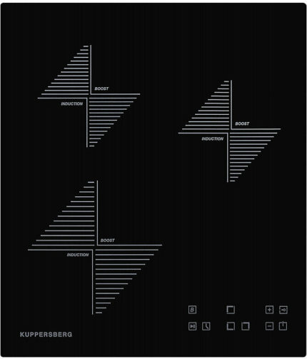 Индукционная варочная панель Kuppersberg ICO 402/ширина 45 см, 2 зоны 1,3 кВт(BOOSTER 1,5 кВт), 1 зона 2 кВт(BOOSTER 2,2 кВт),электронное сенсорное управление, 4 цифровых дисплев, 9 уровней мощности,автоматическое отключение,"Защита от детей"/Блокировка панели управления, Таймер до 99 минут, Stop & Go, Индикаторы остаточного тепла, цвет черный/прямой край