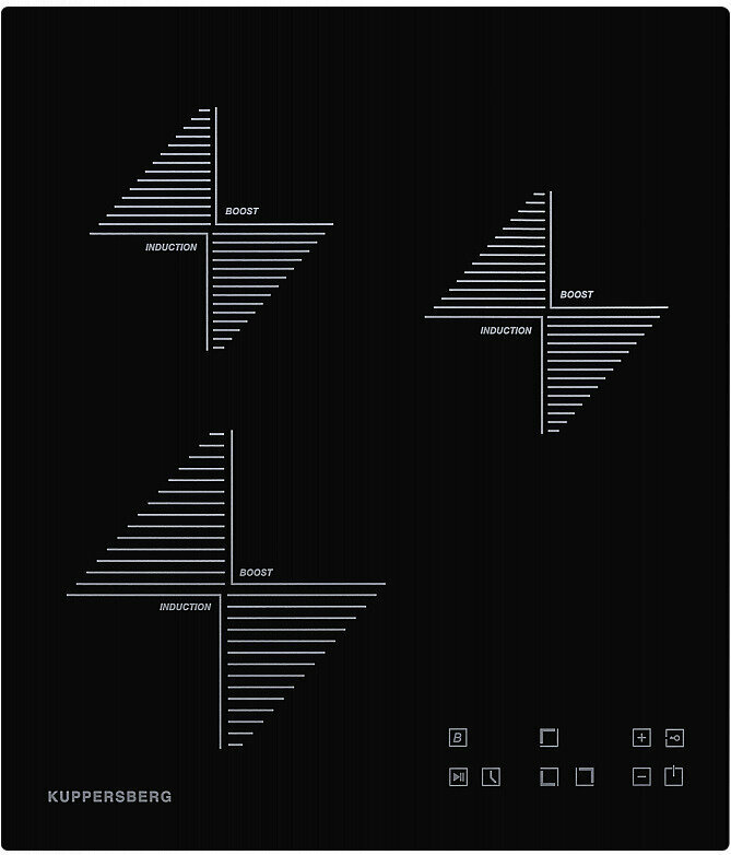 optimize Индукционная варочная панель Kuppersberg ICO 402/ширина 45 см, 2 зоны 1,3 кВт(BOOSTER 1,5 кВт), 1 зона 2 кВт(BOOSTER 2,2 кВт),электронное сенсорное управление, 4 цифровых дисплев, 9 уровней мощности,автоматическое отключение,"Защита от детей"/Блокировка панели управления, Таймер до 99 минут, Stop & Go, Индикаторы остаточного тепла, цвет черный/прямой край — изображение 1