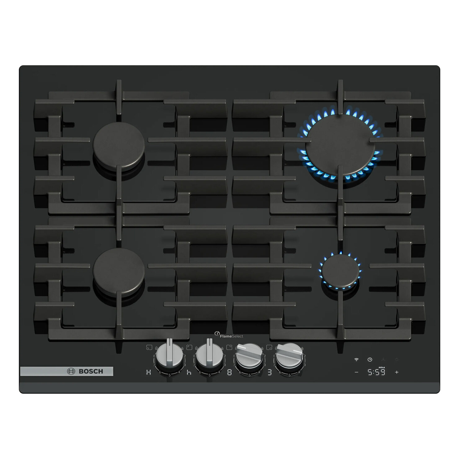orig Газовая варочная панель Bosch Serie 4, 60 см, закаленное стекло, черный, 4 конфорки, 1 конфорка WOK c 2 контурами пламени, индивидуальные чугунные решетки, газ-контроль, автоматический электроподжиг, сделано в Испании — изображение 1