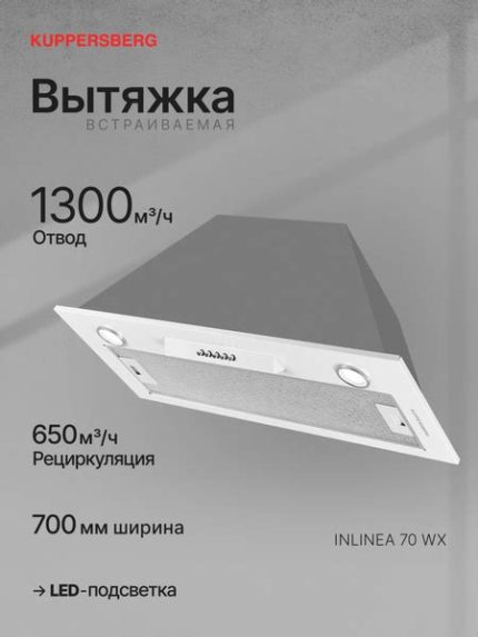 Вытяжка встраиваемая Kuppersberg Bim 600 White белый, 52 см, 1300 куб. м/ч, 46 дБ